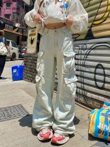 สตรีทสไตล์ ชุดทํางานอเมริกัน กางเกงยีนส์ ผู้หญิง ขากว้างตรง Multi กระเป๋าเสื้อ ล้าง กางเกง ลำลอง ผ้าฝ้าย โพลีเอสเตอร์ Blend