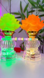 Bộ 2 Đèn Thờ Hoa Sen Lưu Ly Pha Lê Nguyên Khối Để Bàn Thờ Phật Đèn Hoa Sen Đèn Thờ Cúng Cao 18cm