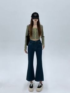 Women Korean Fashion Retro High Waist Flared Jeans Casual Slim Stretch Straight Cropped Pants