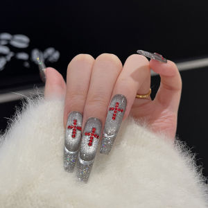 10Pcs Cat Eye Gothic Press On Nails with Cross Rhinestones Decor Glossy False Nails For Women Halloween Party Performance Decor