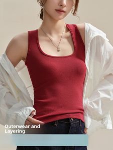 miiow | Red Base Layer Vest Cat Woman Knitted Tube Top Women Spring Autumn Outerwear Anti-Light Walking Sleeveless Slim Fit Cotton Blend