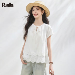 puella | Áo Sơ Mi Cổ Tròn Tay Ngắn Co Dãn Thanh Lịch Mùa Hè Viền Ren