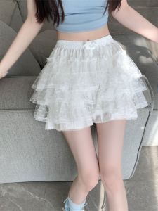 กระโปรงสั้นทรงเอผ้าลูกไม้สีขาว ทรงเข้ารูป สำหรับผู้หญิง ฤดูร้อน 2024 กระโปรงสั้นสไตล์บัลเล่ต์ กระโปรงสั้นทรงเค้ก