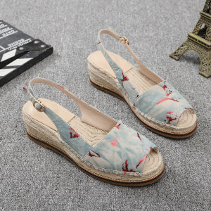 Summer 2025 Fish Mouth Wedge Heel Sandals Womens Versatile Genuine Leather Straw Weave Fisherman Shoes Printed Cowhide Thick Bottom Womens Shoes