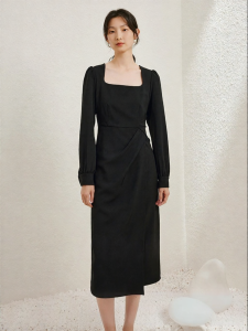 Yigue | Hepburn Style Vintage Square Neck Slimming Little Black Dress