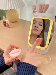 Portable Makeup Mirror LED Fill Light Makeup Organizer Pouch Leather Cosmetic Bag Travel Jewelry Box
