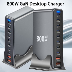 800W GaN 10 Ports Fast Charging Station Adapters USB C Dual 140W PD3.1 Desktop Charger for Multiple Devices Laptop Wall Charger
