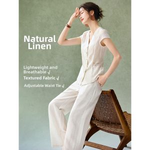 MOHANYIMEI | Vintage Elegant Flax V-Neck Slim Fit Womens Comfort Set