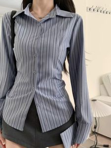 Elegant Striped Shirt Womens Slim Fit Short Polo Collar Top Fashionable Trendy Sweet Spicy Style Casual Comfortable Long Sleeve