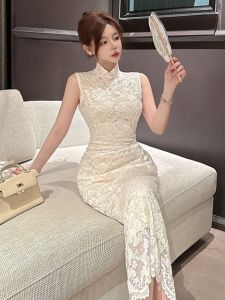 Elegant French Lady Style Long Lace Dress Gentle Lady Wind Retro New Chinese Cheongsam Slimming One-Piece Dress for Women