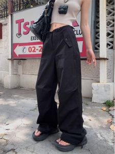 Low Waist Drawstring Black Work Pants Womens Spring Summer Loose Casual Straight Leg Trousers Wide Leg Long Trousers