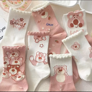 5PASANG Kaos Kaki Panjang Wanita Motif Pink Bear Lucu