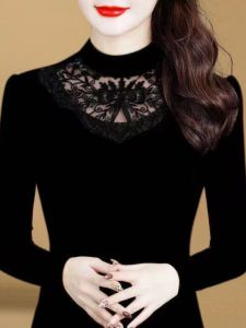 เสื้อเชิ้ตคอวีแขนยาวผ้าตาข่ายบุขนแกะบางสีดำ ทรงสลิมฟิต ทรงหลวม สำหรับผู้หญิงไซส์ใหญ่ ฤดูใบไม้ร่วง 2024 เสื้อเชิ้ตผู้หญิง