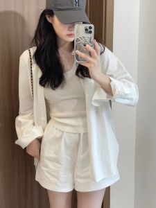 High-Waist Cotton Linen Shorts for Women Casual Work Clothing with Pocket Retro Style Lightweight Trousers for Petite Size