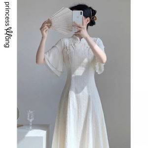 WANGGONGZHU | New Chinese Style Stand Collar National Fashion Womens Summer Dress Short Sleeve Young Style Qipao Long Dress High Waist A-Line Skirt