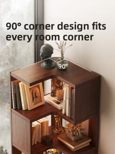 Rustic Solid Wood Corner Bookshelf Floor Mounted Multi-layer Storage Cabinet Living Room Decorative Open Shelf Organizer