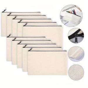 8pcs Blank DIY Canvas Zipper Bags for Sublimation – Multi-Purpose Pouches for Makeup Stationery Travel Toiletries and Storage