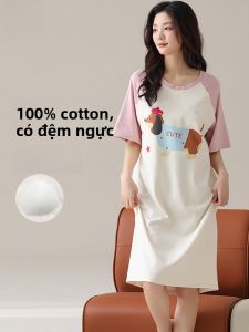 MiiOW | Váy ngủ cotton nguyên chất mùa hè cho nữ có đệm ngực Váy ngủ tay ngắn dài vừa phải Quần áo mặc nhà phong cách trẻ trung