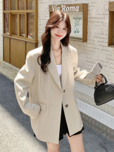 Fashionable Khaki Casual Commute Style Womens Suit Jacket Korean Loose Fit Polyester Fiber Long Sleeve Mid-Length Coat