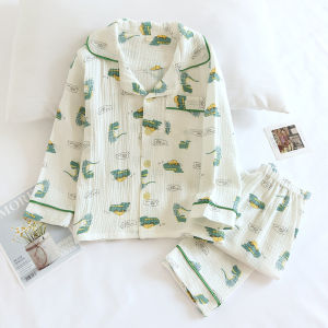 Pure Cotton Spring Summer Thin Collar Childrens Dinosaur Sleepwear Set Breathable Long Sleeve Home Clothes for Boys