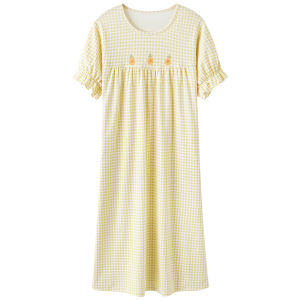 Miiow | Pure Cotton Summer Lightweight Short Sleeve Sleepwear Womens Cat Person Home Clothes Plaid Loose Fit Comfortable Nightgown