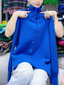 QINGNAER | Minimalist Blue High Neck Sweater Fashionable