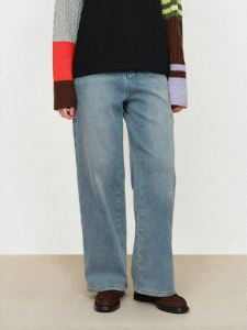 URLAZH | Vintage Street Washed Blue Faded Whitewashed Plush Straight Leg Denim Pants