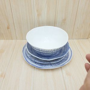 ชาม-จาน สีน้ำเงิน ลายเส้น 4 แบบ 8.1, 10.1, 8.5 x 1.75 และ 7.75 x 3.5 นิ้ว