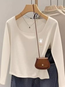 Printed U-Neck Long Sleeve Pure Cotton Base Shirt Womens Inner Wear T-Shirt Korean Style Slim Fit Commute Fashion Autumn New