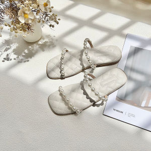 24 New Style White Pearl Soft Bottom Sandals for Women Flats Genuine Leather Strap Sandals Outwear with Skirt Plaid Slippers