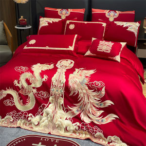 Bedding four-piece light luxury big red wedding four-piece set 100% pure cotton bedding dragon and phoenix embroidered bed sheet quilt cover wedding bedding