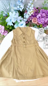 2-9 ปี ชุดเด็กเกาหลี สีกากี งานยีนส์ สาวชุดแขนกุด นิ่มสบายๆ เด็กสาวโปโลปกแขนกุด ชุดเด็ก