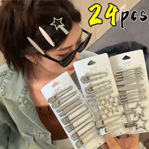 24/8pcs Silver Metal Hairpins Y2K Women Geometric Hairclip Star Multiple Styling Duckbill Clip Side Bangs Barrettes Girls Hair Accessory