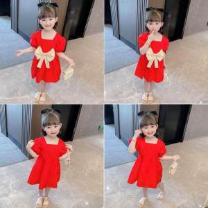 Kisss baby Girls bow dress ชุดสาวโบว์  ฤดูร้อนรูปแบบใหม่  ชุดเจ้าหญิงสาวน้อยสีแดง  ชุดคริสต์มาส  80ซม.-130ซม