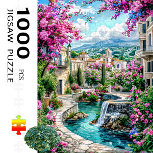 1000 Premium Adult Cardboard Puzzles - Vibrant Floral Cityscape with Waterfall and Stone Path Ideal for Home Decor and Family