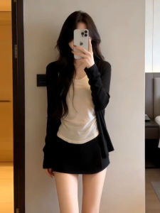 Ge·an·fei | Bộ 3 Món Váy và Áo Cardigan Đen Phong Cách Hàn Quốc Mùa Thu