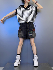 Shalldoer | Summer Outfit Set Womens Hat Drawstring Stripe Short Sleeve T-Shirt Denim Shorts Two-Piece Set Casual Comfortable Breathable