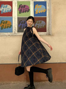 YOZO STUDIO Summer Plaid Mini Dress Womens Gingham Belted Vest Dress High Waist A-Line Skirt V-Neck Sleeveless Casual Design