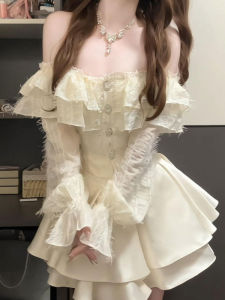 CHANGTONG | One-Shoulder Crop Top Puffy Skirt Set for Petite Women