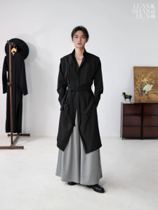Long Tailored Collar Shirt Lightweight Double Pleat Front Black Casual Versatile Chinese Style Youth Fashion All Seasons