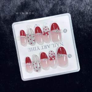 Nailbox thiết kế N14 – Ombre Đỏ kèm Charm Nơ Đỏ chuẩn tiệc (Tặng hộp kính + keo + miếng dán + dũa)