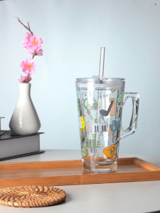 Thickened Tempered Glass Straw Cup with Handle Heat Resistant Juice Drink Creative Music Graffiti Personalized Glass Cup