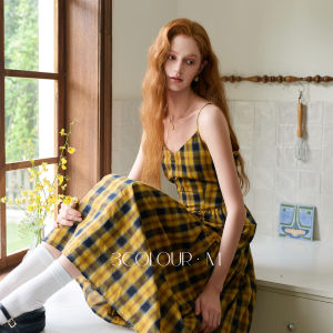 3COLOUR·S | Plaid Halter Neck Waist-cinching A-line Maxi Dress