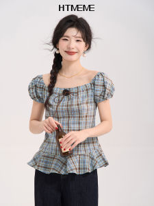 Áo Sơ Mi Nữ Tay Bồng Cổ Vuông Kẻ Caro Phong Cách Hàn Quốc Mùa Hè Ngọt Ngào Ôm Vừa Vặn Dài Thường Xuyên