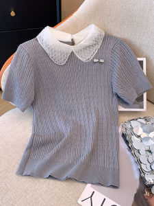 Brand Discount Lace Splice Short Sleeve Knitted Shirt Womens Spring Summer Gentle Style Base Top Trendy Polo Collar T-shirt