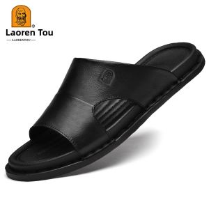 Leather Mens Sandals Summer Thick Bottom Anti-slip Slip-On Soft Bottom One-Strap Lightweight Cool Slippers Business Casual