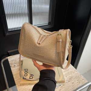 กระเป๋าสะพายไหล่ผู้หญิงสไตล์ลำลอง 2025 ฤดูร้อนใหม่ กระเป๋าถือแบบถักสำหรับวันหยุดชายหาด กระเป๋าสะพายข้างผู้หญิง PU ขนาดเล็ก วัสดุ PU