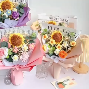 Cute and Funny Sunflower Rose Knitted crochet toy bouquet doll flower for Christmas Gift Birthday Wedding House Warming Graduation Gift