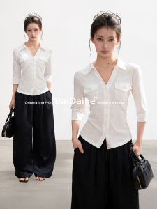 BAIDAIFEI | White V-Neck Short Sleeve Shaping Shirt