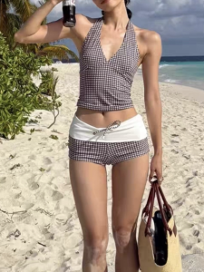 HAYOU | Vintage V-Neck Plaid Halter Separate Swimwear